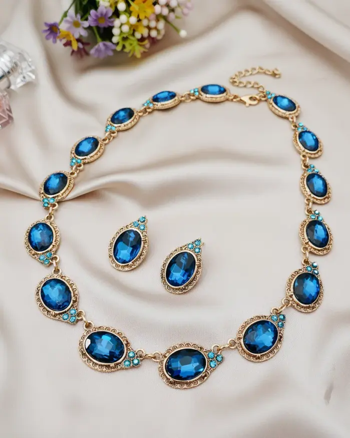 Juego de Joyería Vintage Elegante de 3 Piezas para Mujer, Collar con Piedras de Imitación Ovaladas, Gargantilla de Cristal Azul Brillante, Aretes para Novia, Boda, Fiesta 1