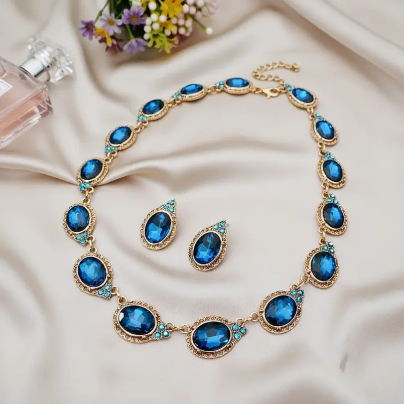 Juego de Joyería Vintage Elegante de 3 Piezas para Mujer, Collar con Piedras de Imitación Ovaladas, Gargantilla de Cristal Azul Brillante, Aretes para Novia, Boda, Fiesta 1 Juego de Joyería Vintage Elegante de 3 Piezas para Mujer, Collar con Piedras de Imitación Ovaladas, Gargantilla de Cristal Azul Brillante, Aretes para Novia, Boda, Fiesta 1