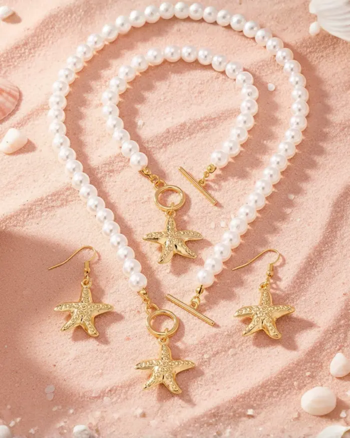 Conjunto de Collar de Perlas con Estrella de Mar Dorada, Cierre de Palanca, Gargantilla de Perlas, Pendientes y Pulsera, Juego de 3 Piezas para Mujer, Joyería Estética Estilo Sirena 1