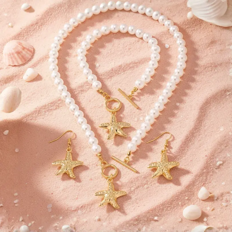 Conjunto de Collar de Perlas con Estrella de Mar Dorada, Cierre de Palanca, Gargantilla de Perlas, Pendientes y Pulsera, Juego de 3 Piezas para Mujer, Joyería Estética Estilo Sirena 1 Conjunto de Collar de Perlas con Estrella de Mar Dorada, Cierre de Palanca, Gargantilla de Perlas, Pendientes y Pulsera, Juego de 3 Piezas para Mujer, Joyería Estética Estilo Sirena 1