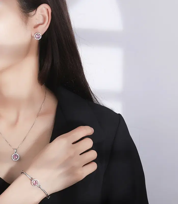 Conjunto de joyería Vintage elegante para mujer, collar redondo de circón rosa, gargantilla de cristal brillante, pulsera de boda para fiesta, 4 Uds. 2