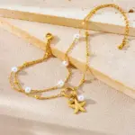 DIEYURO 316L Acero inoxidable perla circón estrella de mar colgante tobilleras de doble capa señora chapado en oro impermeable cadena de pie joyería 5