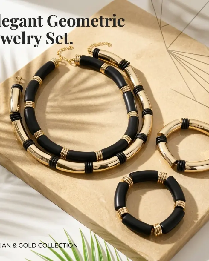 Collar con capas doradas, gargantilla negra de tubo grueso y conjunto de pulsera de bambú a juego, joyería llamativa minimalista y audaz. 2