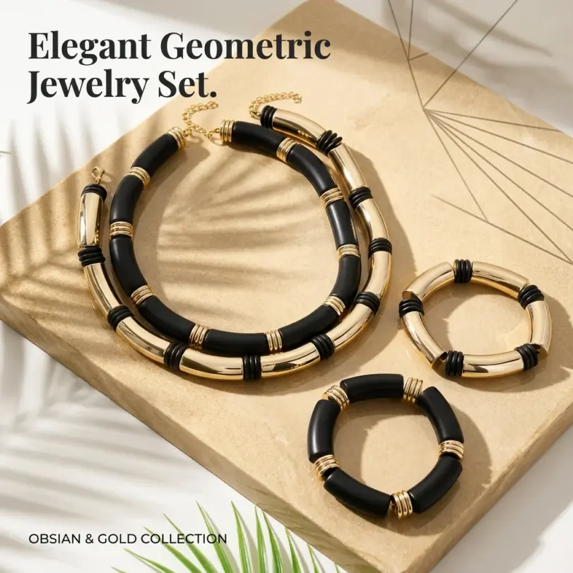 Collar con capas doradas, gargantilla negra de tubo grueso y conjunto de pulsera de bambú a juego, joyería llamativa minimalista y audaz. 2