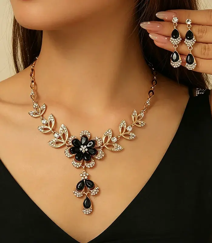 Juego de 3 Piezas de Joyería de Disfraces Dorada Glamurosa, Collar con Flor Negra Audaz, Joyería de Cristal Brillante para Boda, Regalo para Invitados de Gala o Baile de Graduación 2