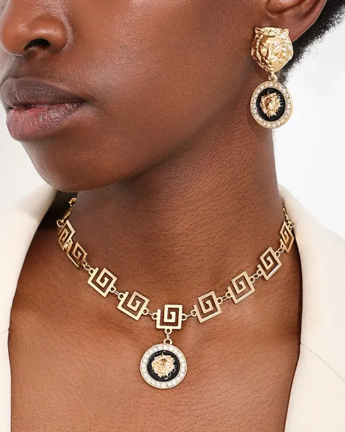 3 uds nueva joyería barroca real de moda para mujer accesorios de fiesta conjunto de pendientes y collar de cristal con cabeza de león de lujo 2