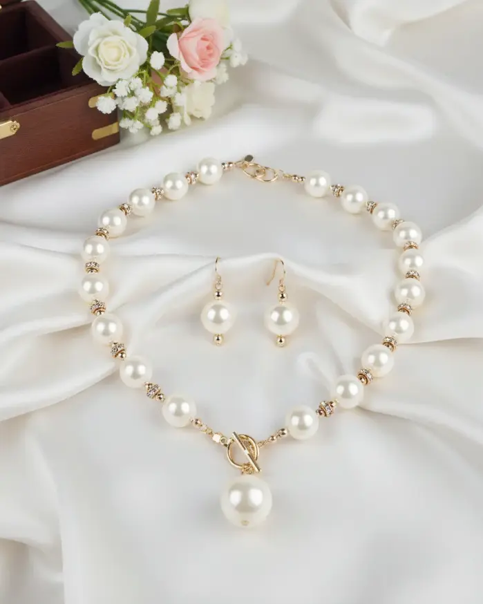Juego de Joyería Vintage Elegante de 3 Piezas para Mujer, Collar con Cuentas Redondas con Microincrustaciones, Gargantilla de Cristal Brillante, Aretes de Novia para Boda, Fiesta 1