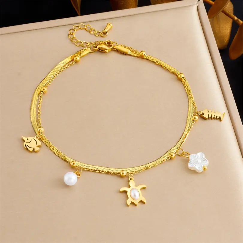 Tobilleras DIEYURO 316L de acero inoxidable con perlas de pez tortuga y perlas de doble capa para mujer, nuevas cadenas para pies, joyería antioxidante, regalo glamoroso 6