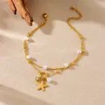 DIEYURO 316L Acero inoxidable perla circón estrella de mar colgante tobilleras de doble capa señora chapado en oro impermeable cadena de pie joyería 4