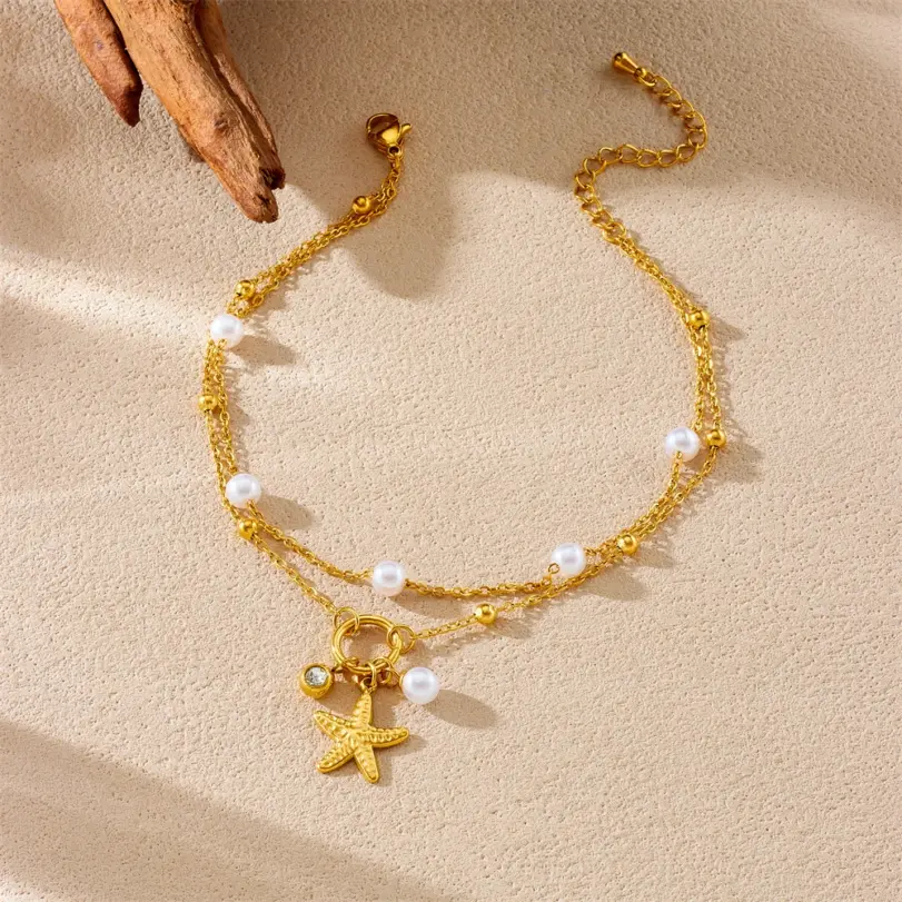 DIEYURO 316L Acero inoxidable perla circón estrella de mar colgante tobilleras de doble capa señora chapado en oro impermeable cadena de pie joyería 4
