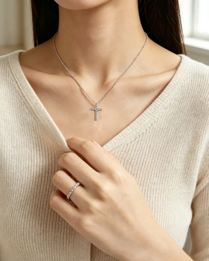 Anillo de Moissanita TY, Anillo de Diamante de Plata de Ley 925 para Hombres y Mujeres, Anillo Clásico con Colgante de Cruz de Moissanita y Plata de Ley 2
