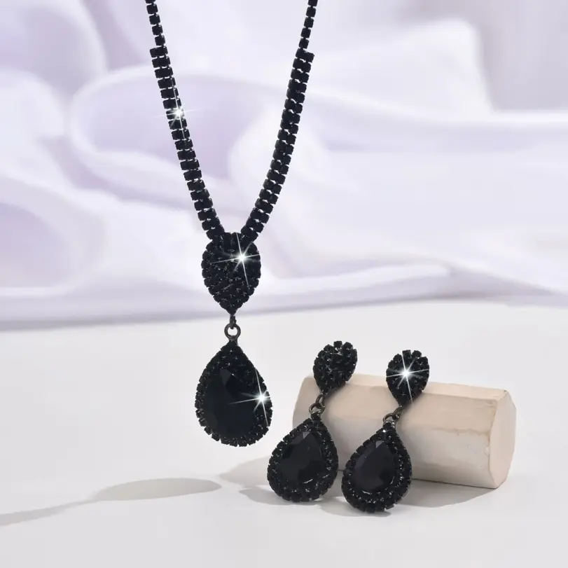 Conjunto de 3 uds de pendientes y collar con forma de lágrima negra de lujo discreto para mujer, accesorios de moda diarios para fiesta y Festival de Música 4