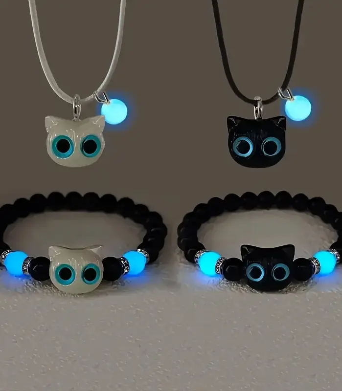 Juego de 4 Uds de pulsera + collar de cuentas de gato luminoso, pulseras elásticas con dijes de cuentas negras con gato, regalo de Halloween/Navidad 1