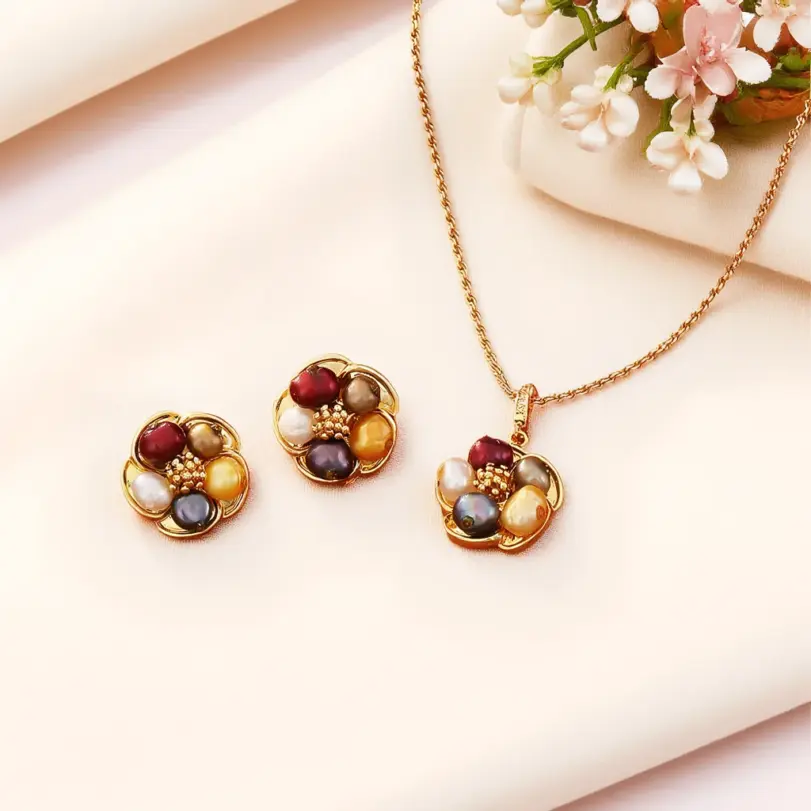 Juego de Joyería Vintage Elegante de 3 Piezas para Mujer, Collar de Perlas y Flores, Gargantilla de Cristal Brillante, Aretes de Novia para Boda y Fiesta 1
