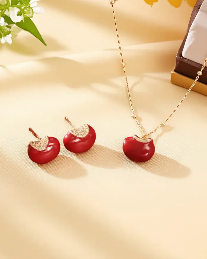 Juego de Joyería Elegante y Moderno de 3 Piezas para Mujer, Collar de Frijol Rojo, Gargantilla de Metal Clásica, Aretes para Uso Diario Informal, Regalo 1