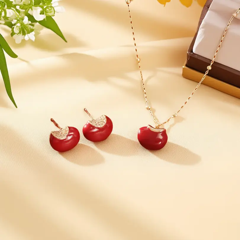 Juego de Joyería Elegante y Moderno de 3 Piezas para Mujer, Collar de Frijol Rojo, Gargantilla de Metal Clásica, Aretes para Uso Diario Informal, Regalo 1 Juego de Joyería Elegante y Moderno de 3 Piezas para Mujer, Collar de Frijol Rojo, Gargantilla de Metal Clásica, Aretes para Uso Diario Informal, Regalo 1
