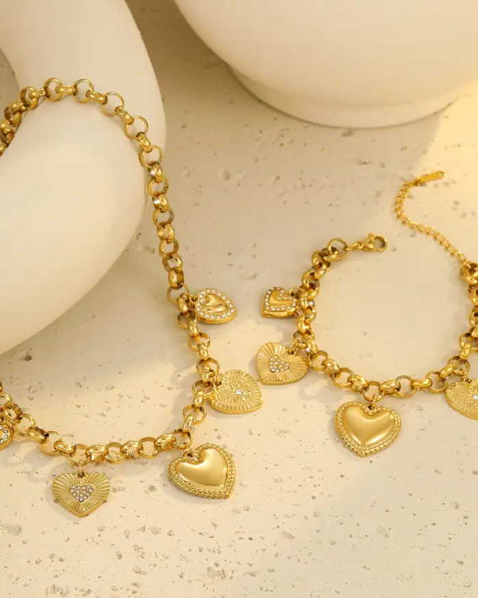 Juego de Joyería Vintage Elegante de 2 Piezas para Mujer, Collar con Colgante en Forma de Corazón, Gargantilla Dorada, Pulsera de Novia para Boda, Regalo para Fiesta 2