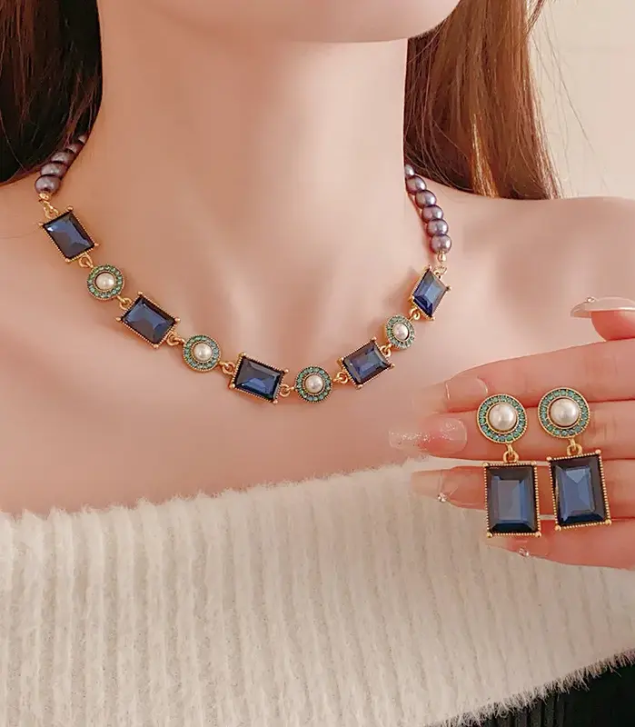 Conjunto de joyería Vintage elegante para mujer, collar de perlas cuadradas con incrustaciones de diamantes, pendientes de boda, regalo de fiesta, 3 uds. 2