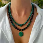 Juego de collar de doble capa de malaquita y ágata negra de 2 piezas para mujer, joyería hecha a mano con piedra natural y cuentas de múltiples hebras 4