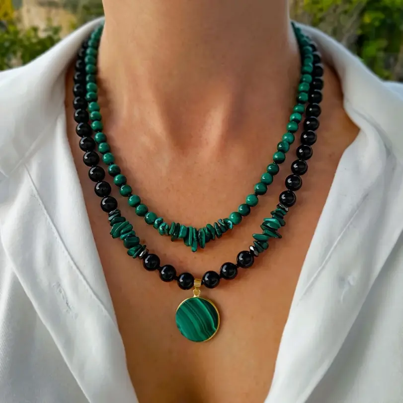 Juego de collar de doble capa de malaquita y ágata negra de 2 piezas para mujer, joyería hecha a mano con piedra natural y cuentas de múltiples hebras 4