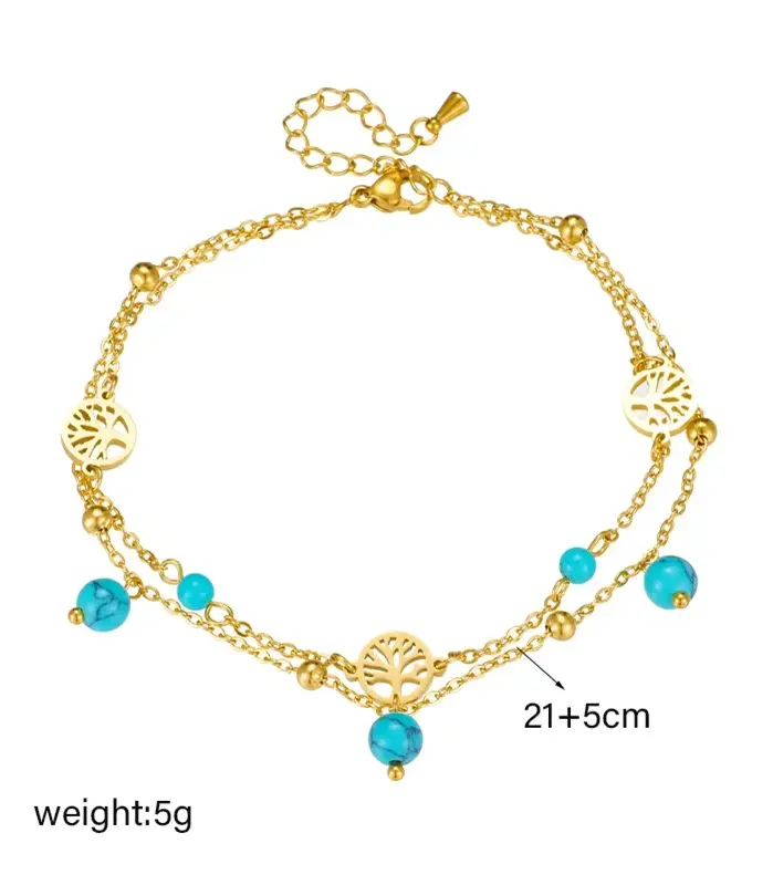 DIEYURO-tobilleras de acero inoxidable 316L para mujer y niña, cadena de pierna, multicapa, redonda, árbol, piedra verde, joyería impermeable, nueva tendencia 2