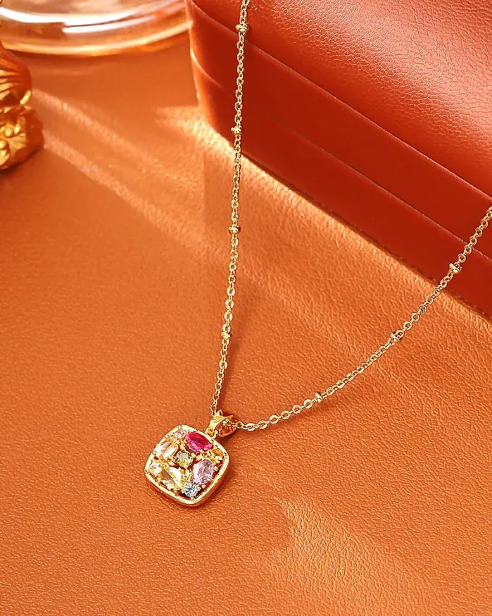 Juego de Joyería Vintage Elegante de 3 Piezas para Mujer, Collar Cuadrado Colorido, Gargantilla de Cristal Brillante, Aretes de Novia para Boda, Fiesta 2
