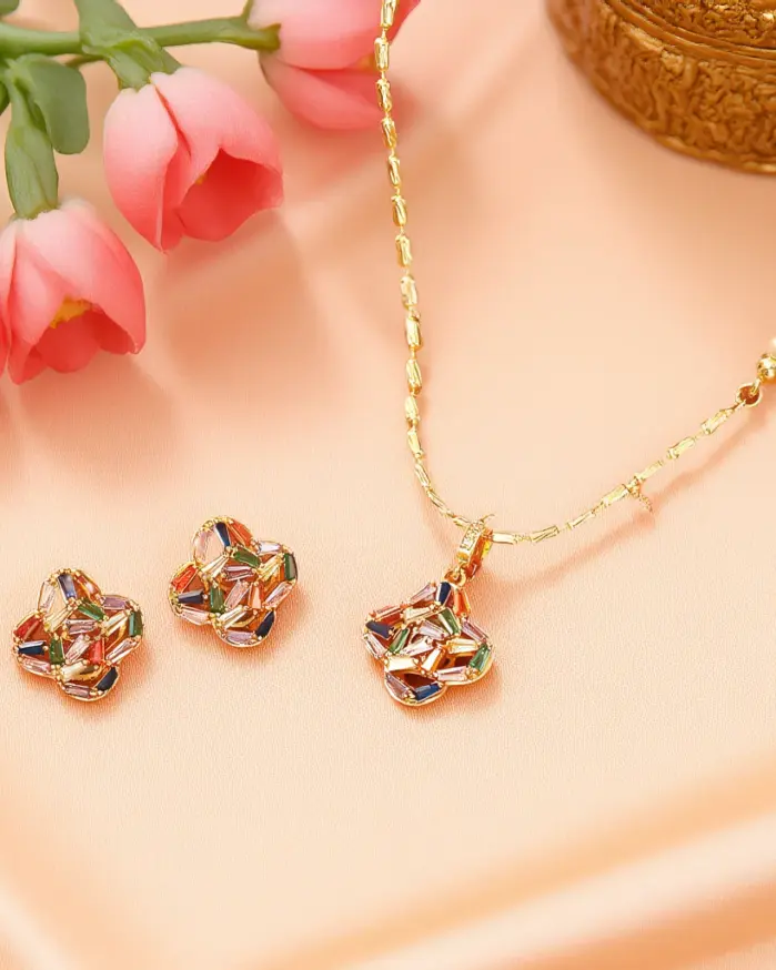 Juego de Joyería Vintage Elegante de 3 Piezas para Mujer, Collar con Trébol de Cuatro Hojas Colorido, Gargantilla de Cristal Brillante, Aretes para Novia, Boda, Fiesta 1