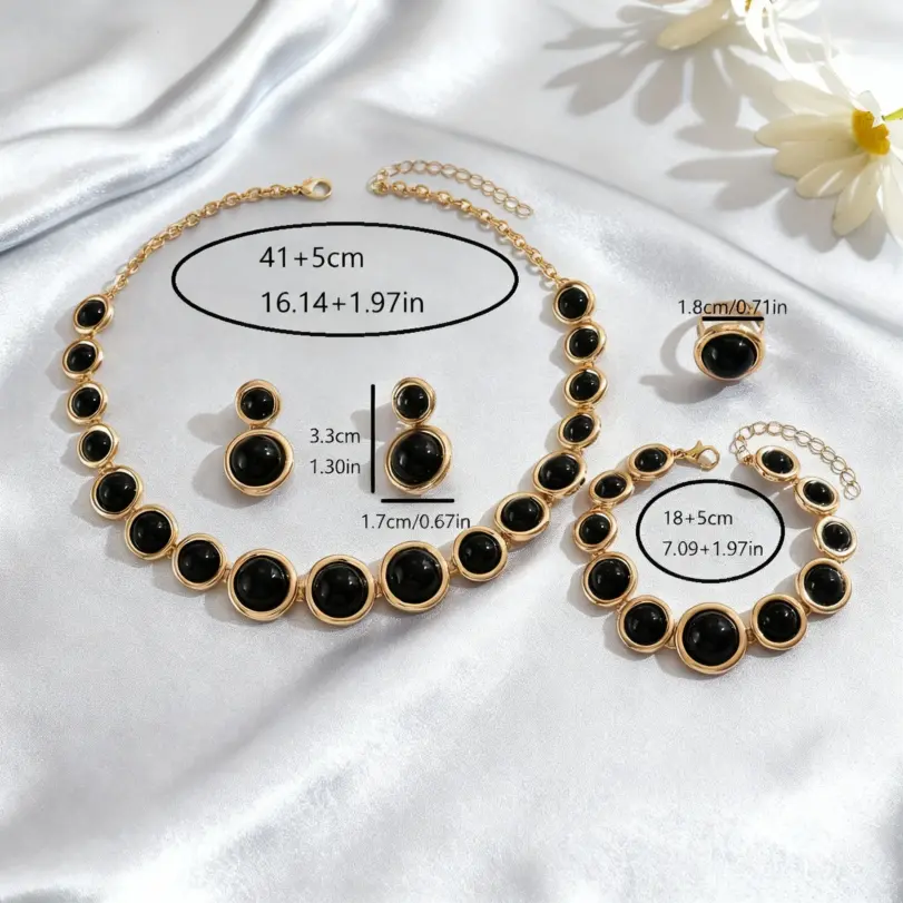Conjunto de joyería geométrica elegante para mujer, collar Retro, anillo dorado, pulsera de moda, pendiente Circular con incrustaciones, regalo de fiesta, 5 uds. 6