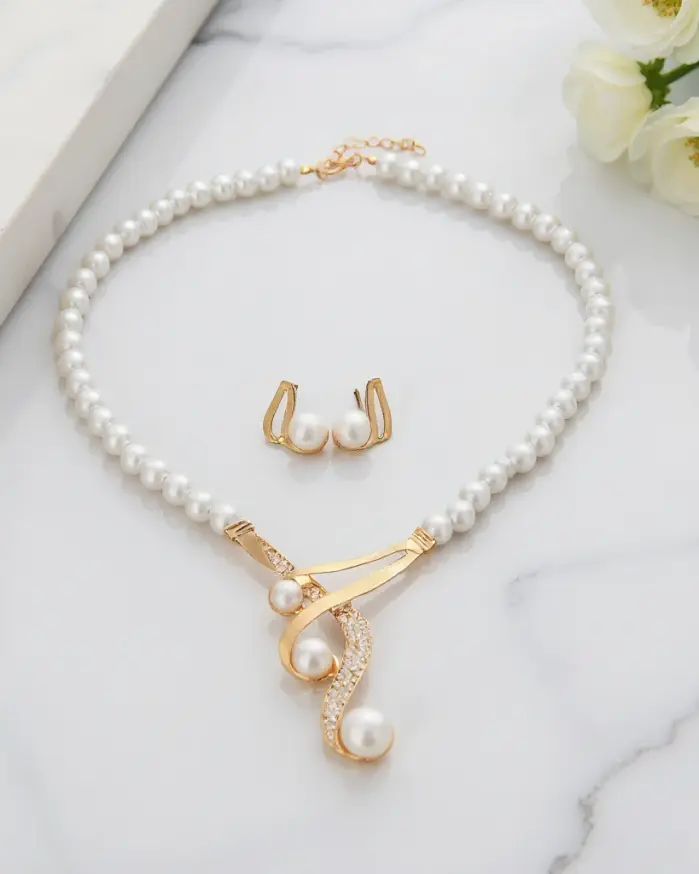 Juego de Joyería Vintage Elegante de 3 Piezas para Mujer, Collar de Perlas, Gargantilla de Cristal Brillante, Aretes de Novia para Boda, Fiesta 1
