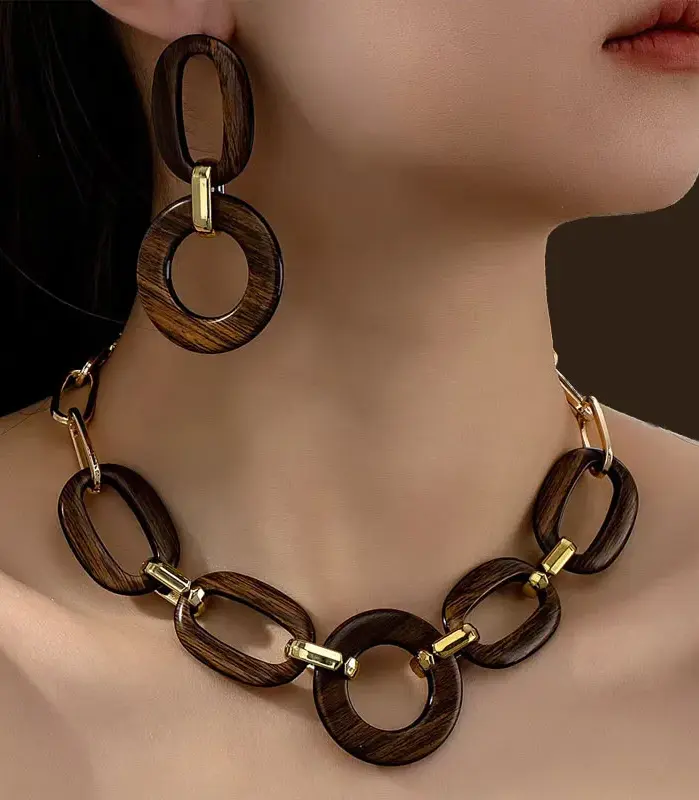 Conjunto de Collar y Pendientes de Madera Mate Retro con Diseño Geométrico, Joyería Elegante para Mujer 1