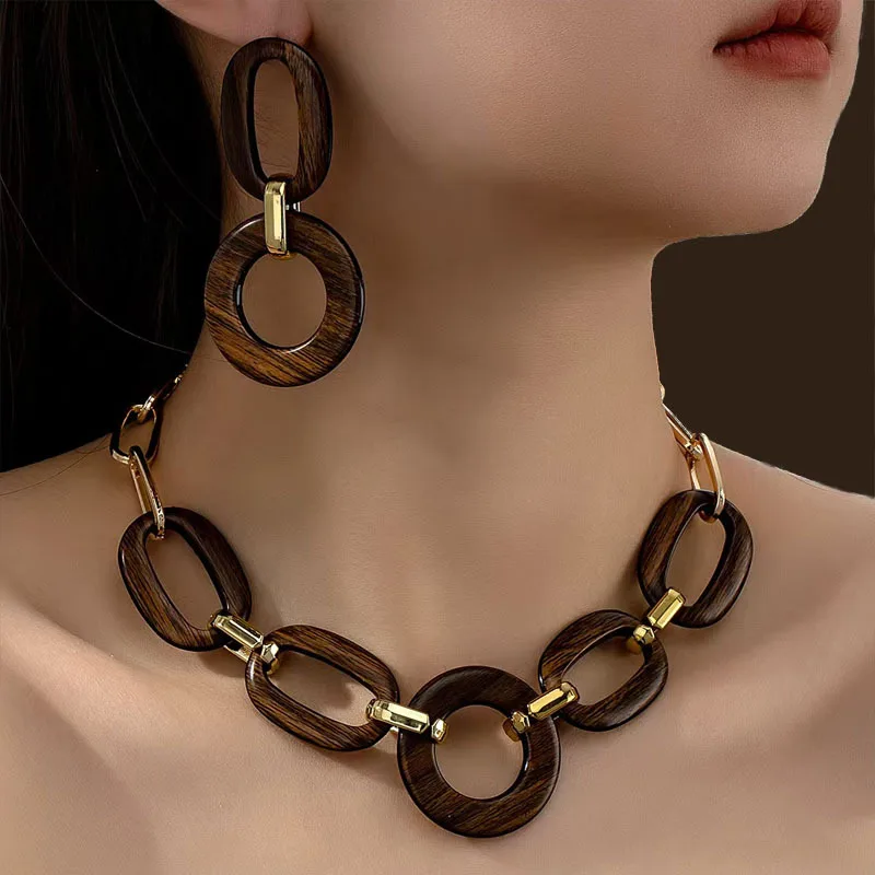 Conjunto de Collar y Pendientes de Madera Mate Retro con Diseño Geométrico, Joyería Elegante para Mujer 1 Conjunto de Collar y Pendientes de Madera Mate Retro con Diseño Geométrico, Joyería Elegante para Mujer 1