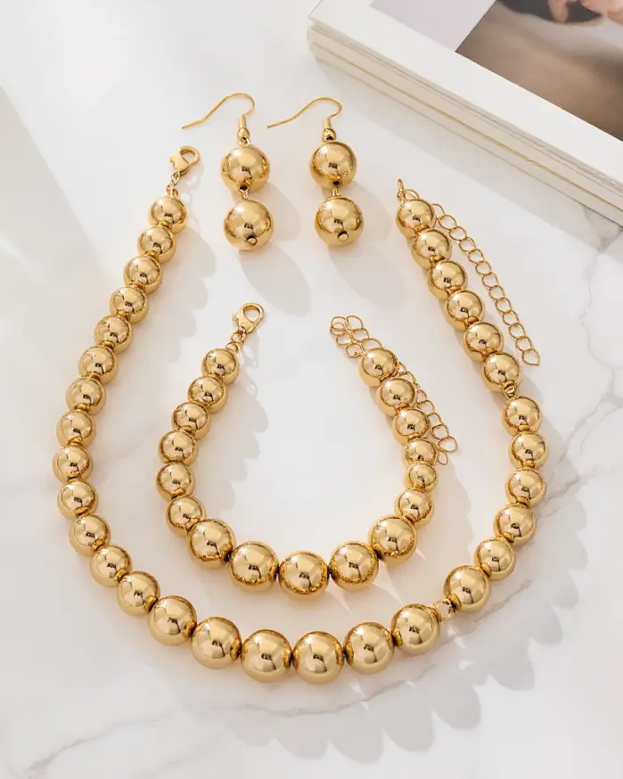 Juego de Joyería Elegante y Moderno de 4 Piezas para Mujer, Collar de Cuentas Doradas, Gargantilla Esférica de Metal, Pendientes para Uso Diario Informal 1