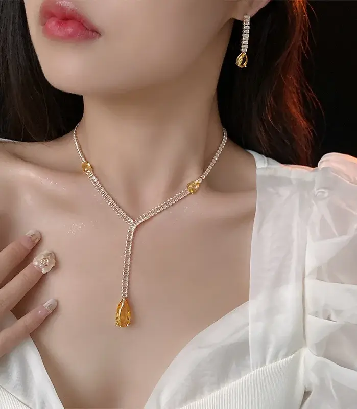 Juego de Joyería Vintage Elegante de 3 Piezas para Mujer, Collar con Gotas de Agua Amarillas, Gargantilla de Cristal Brillante, Aretes de Novia para Boda, Fiesta 2