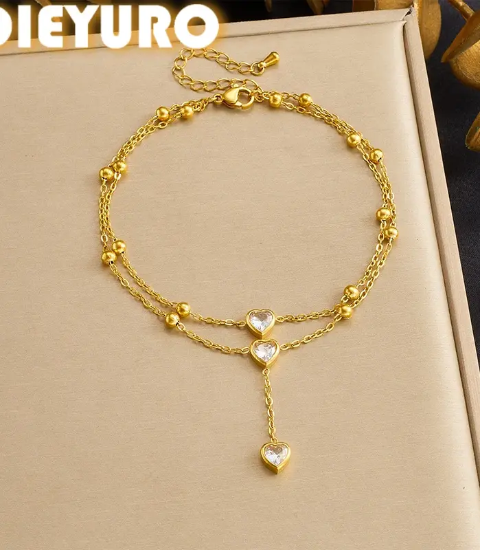 DIEYURO Tobilleras de Acero Inoxidable 316L con Colgante de Corazón Redondo Dorado e Incrustaciones de Circonio, Nuevas Cadenas para Pies para Mujer, Joyería Glamorosa Antioxidante 1
