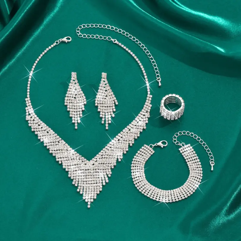 Conjunto de Joyería de Moda 2026: Collar de Pedrería Multicadena Atrevido y Pendientes Brillantes Plateados - Kit Clásico para Fiesta de Graduación 3