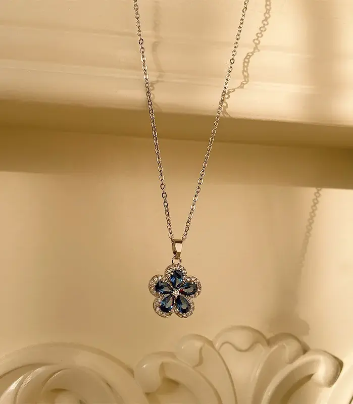 Juego de Joyería Vintage Elegante de 3 Piezas para Mujer, Collar con Flores Azules Incrustadas, Gargantilla de Cristal Brillante, Aretes de Novia para Boda, Fiesta 2