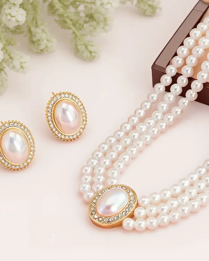Juego de Joyería Vintage Elegante de 3 Piezas para Mujer, Collar de Perlas Brillantes Elípticas, Gargantilla de Cristal Brillante, Aretes para Vestido de Novia, Fiesta 1