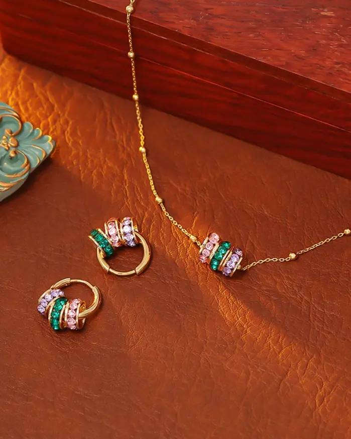 Juego de Joyería Vintage Elegante de 3 Piezas para Mujer, Collar de Cuerda Colorido, Gargantilla de Cristal Brillante, Aretes de Novia para Boda, Fiesta 2