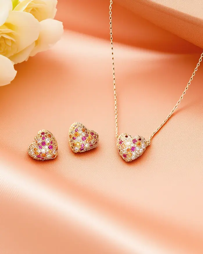 Juego de Joyería Vintage Elegante de 3 Piezas para Mujer, Collar con Corazón Colorido, Gargantilla de Cristal Brillante, Aretes para Novia, Boda, Fiesta 1