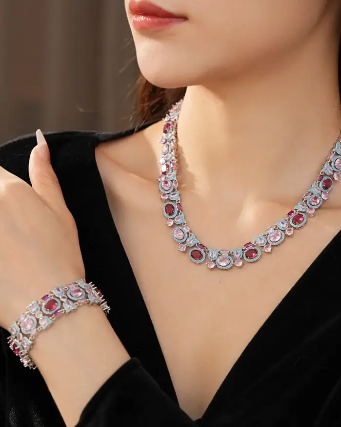 Juego de Joyería Vintage Elegante de 2 Piezas para Mujer, Collar Exquisito Vintage Color Rosa, Gargantilla, Pulsera de Novia para Boda, Regalo para Fiesta 2