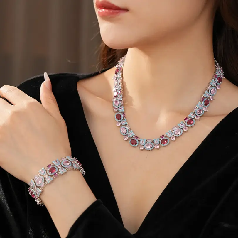 Juego de Joyería Vintage Elegante de 2 Piezas para Mujer, Collar Exquisito Vintage Color Rosa, Gargantilla, Pulsera de Novia para Boda, Regalo para Fiesta 2
