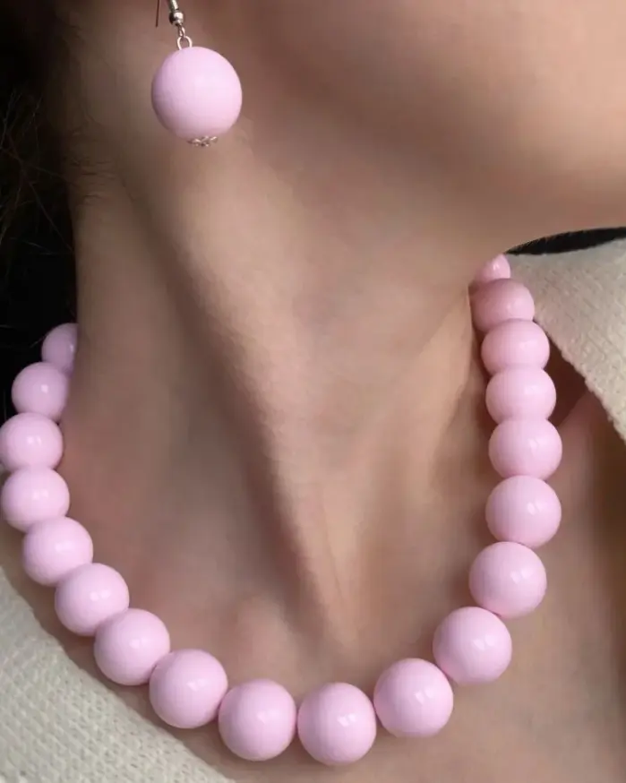 Juego de Joyería de 2 Piezas con Cuentas Redondas Rosas, Collar de Cuentas Grandes Hecho a Mano, Pendientes Colgantes a Juego, Estilo Retro Minimalista Exagerado 1