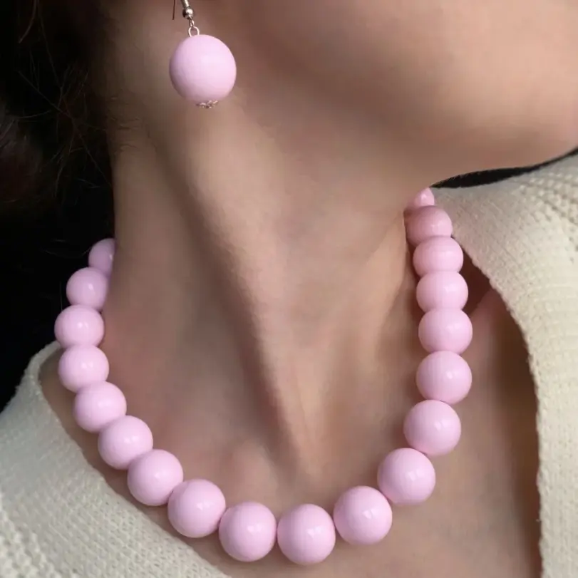 Juego de Joyería de 2 Piezas con Cuentas Redondas Rosas, Collar de Cuentas Grandes Hecho a Mano, Pendientes Colgantes a Juego, Estilo Retro Minimalista Exagerado 1 Juego de Joyería de 2 Piezas con Cuentas Redondas Rosas, Collar de Cuentas Grandes Hecho a Mano, Pendientes Colgantes a Juego, Estilo Retro Minimalista Exagerado 1