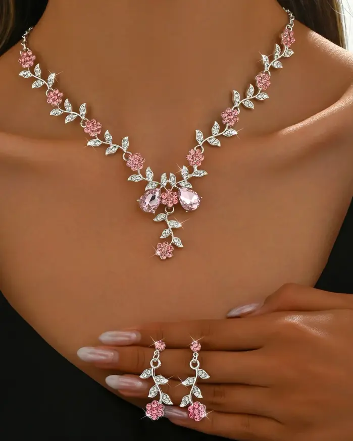 Conjunto de 3 uds de moda para mujer, collar de gota de agua con flor pequeña, pendientes, conjunto de joyería, regalo de fiesta de banquete de boda 1