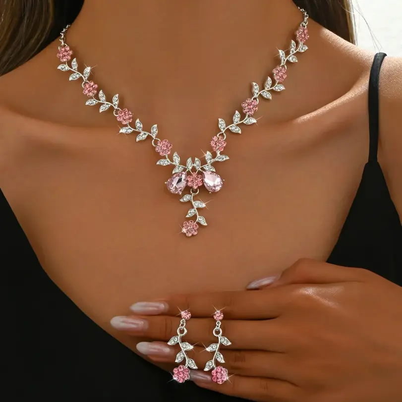 Conjunto de 3 uds de moda para mujer, collar de gota de agua con flor pequeña, pendientes, conjunto de joyería, regalo de fiesta de banquete de boda 1