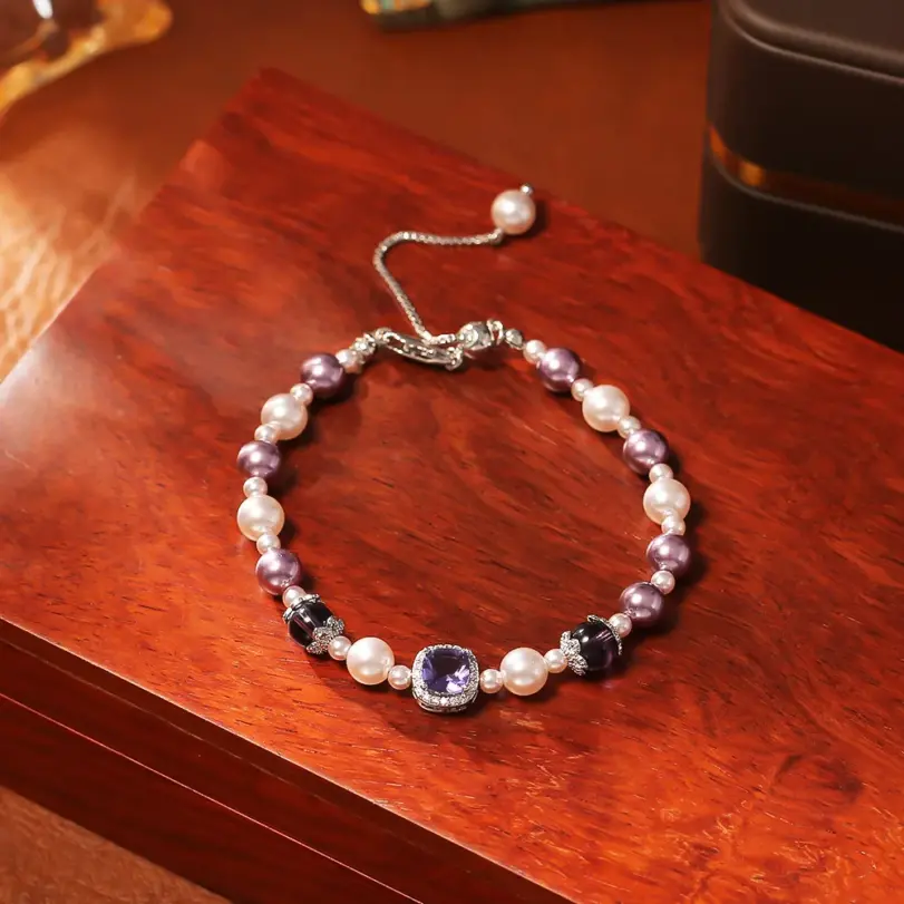 Juego de Joyería Vintage Elegante de 2 Piezas para Mujer, Collar con Pedrería Brillante Morada, Pulsera de Perlas para Novia, Regalo de Boda o Fiesta 5