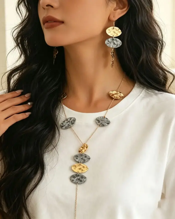 Conjunto de Joyería Vintage de Dos Tonos con Collar de Moneda Martillada y Pendientes Ajustables de Metal con Colgante en Y, Elegante Set de Accesorios para Mujer con Pendientes Colgantes 1