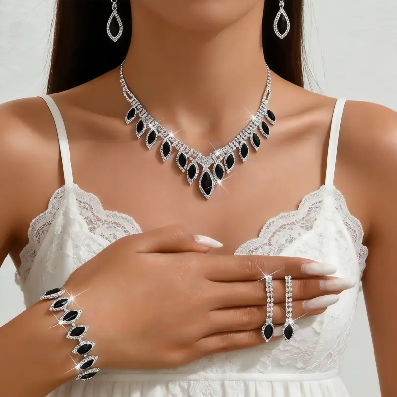 Conjunto de Joyería Negra de Lujo, Elegante Collar, Aretes y Brazalete con Cristales Brillantes, Conjunto de Boda para Mujer, Regalo para Fiesta Nocturna 3