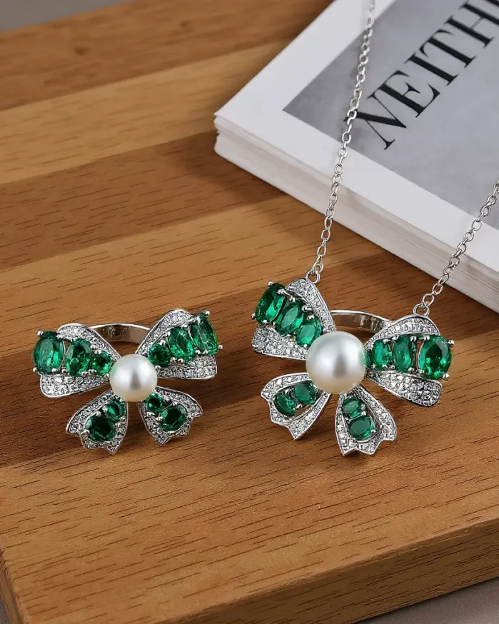 Conjunto de joyería Vintage elegante para mujer, collar con lazo de piedras preciosas de nácar, gargantilla de cristal brillante, anillo de boda para fiesta, 2 uds. 1