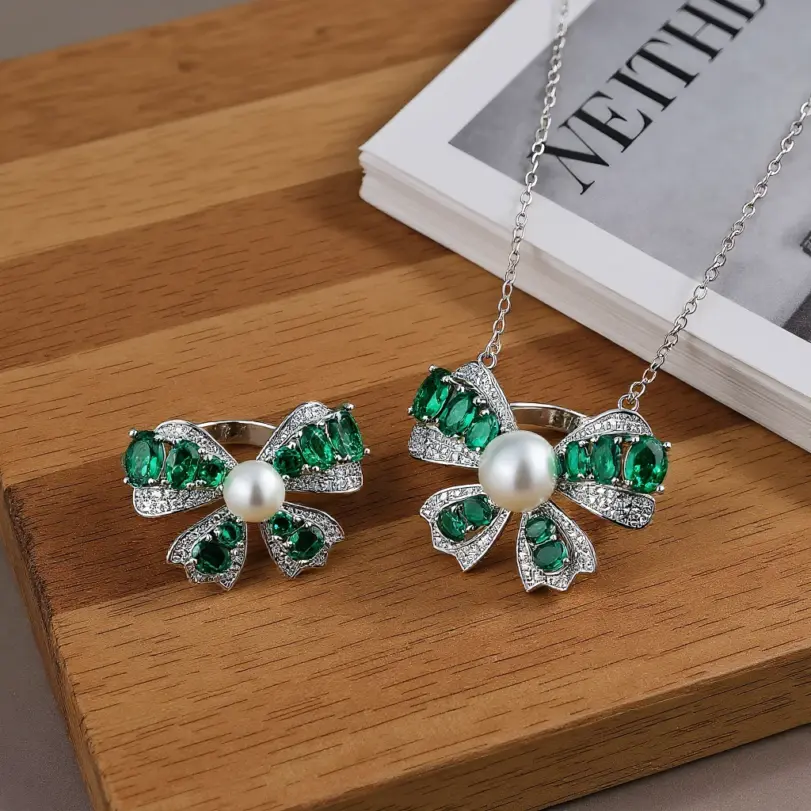 Conjunto de joyería Vintage elegante para mujer, collar con lazo de piedras preciosas de nácar, gargantilla de cristal brillante, anillo de boda para fiesta, 2 uds. 1 Conjunto de joyería Vintage elegante para mujer, collar con lazo de piedras preciosas de nácar, gargantilla de cristal brillante, anillo de boda para fiesta, 2 uds. 1
